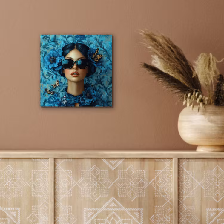 Aluminium schilderij - Vrouw - Bloemen - Vlinders - Blauw - Abstract — 5
