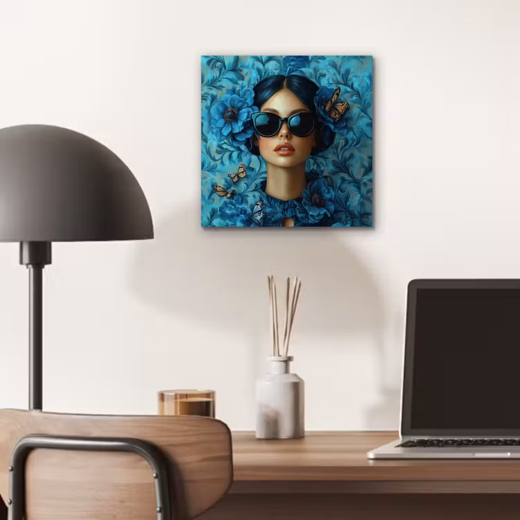 Aluminium schilderij - Vrouw - Bloemen - Vlinders - Blauw - Abstract — 6