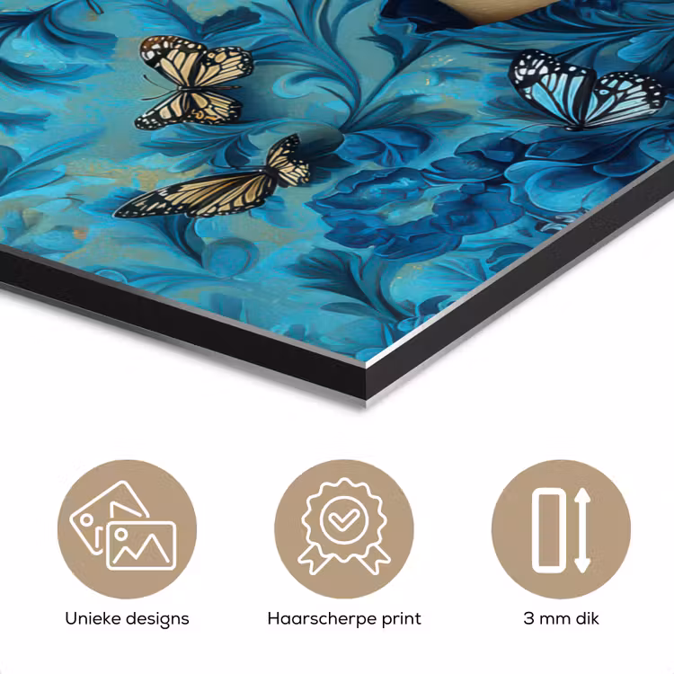 Aluminium schilderij - Vrouw - Bloemen - Vlinders - Blauw - Abstract — 7