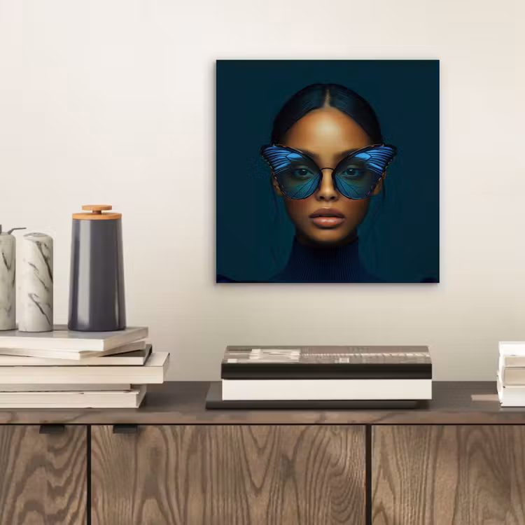 Aluminium schilderij - Vrouw - Vlinder - Bril - Blauw - Modern - Portret — 2