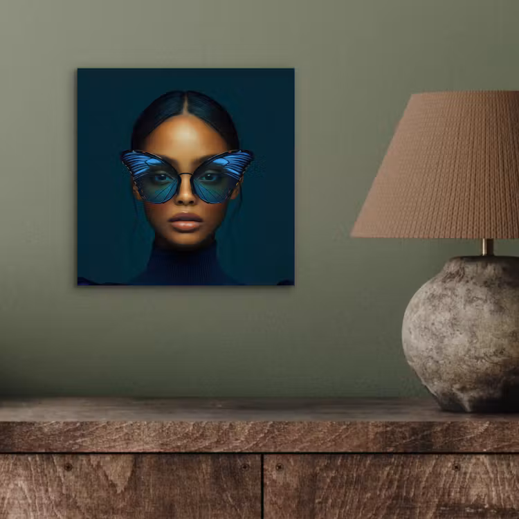 Aluminium schilderij - Vrouw - Vlinder - Bril - Blauw - Modern - Portret — 3