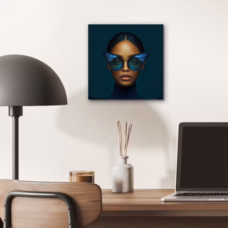 Aluminium schilderij - Vrouw - Vlinder - Bril - Blauw - Modern - Portret — 6