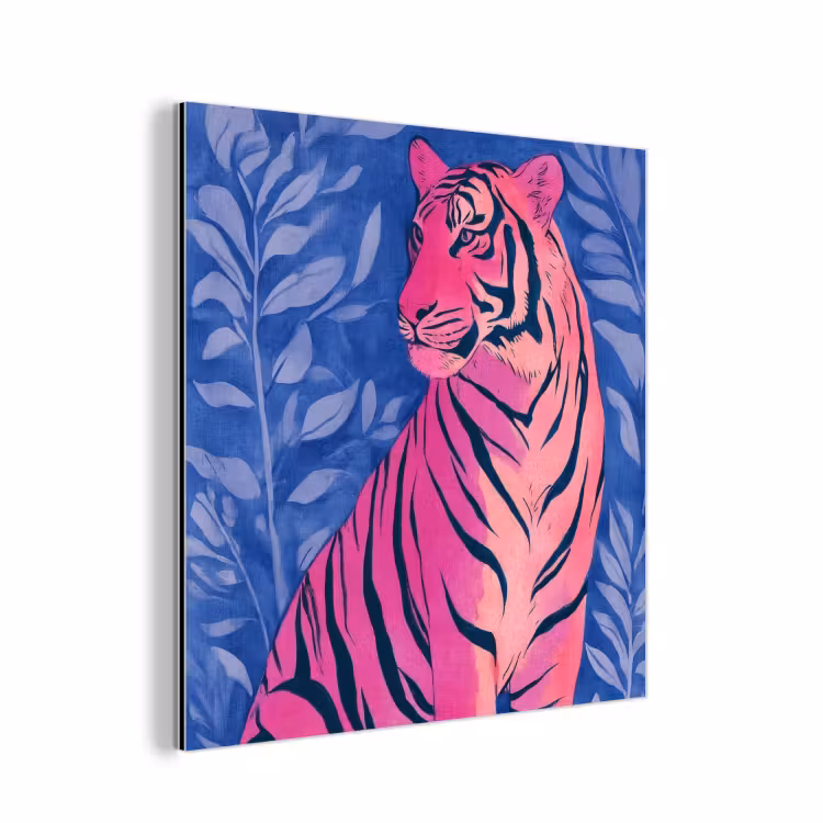 Aluminium schilderij - Tijger - Roze - Bladeren - Jungle — 1