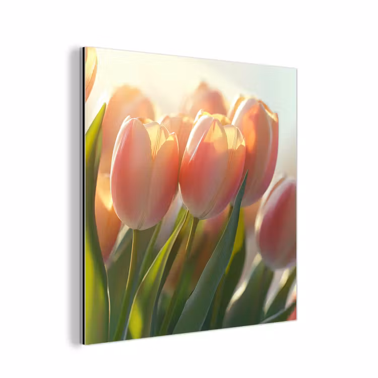 Aluminium schilderij - Tulpen - Roze - Zonnestralen — 1