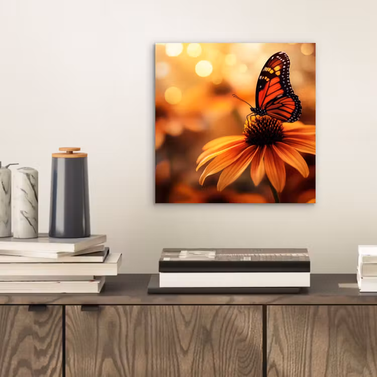 Aluminium schilderij - Vlinder - Bloemen - Oranje — 2