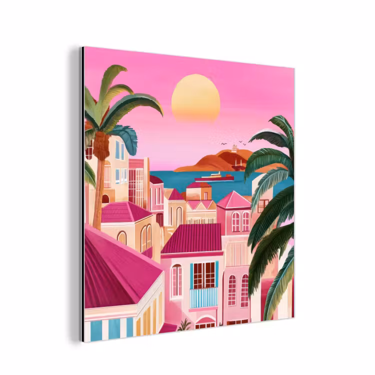 Aluminium schilderij - Stad - Roze - Palmbomen — 1