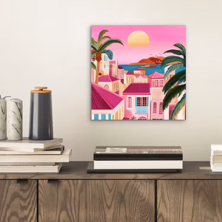 Aluminium schilderij - Stad - Roze - Palmbomen — 2