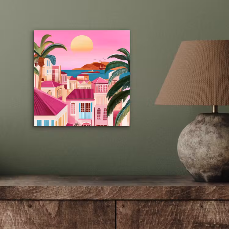 Aluminium schilderij - Stad - Roze - Palmbomen — 3