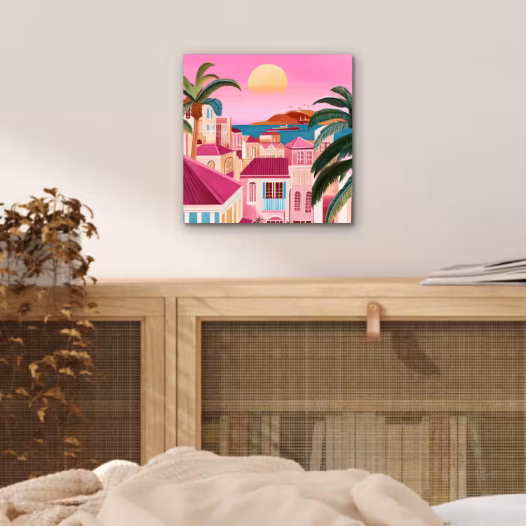 Aluminium schilderij - Stad - Roze - Palmbomen — 4
