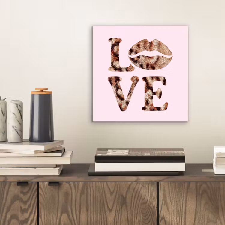 Aluminium schilderij - Tekst - Love - Pantervacht - Lichtroze — 2