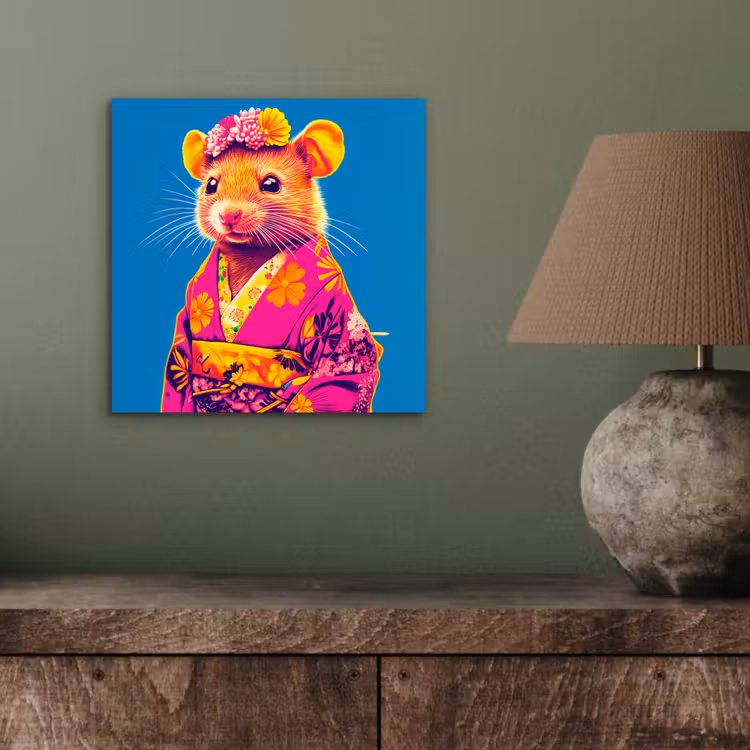 Aluminium schilderij - Muis - Kimono - Bloemen - Blauw — 3