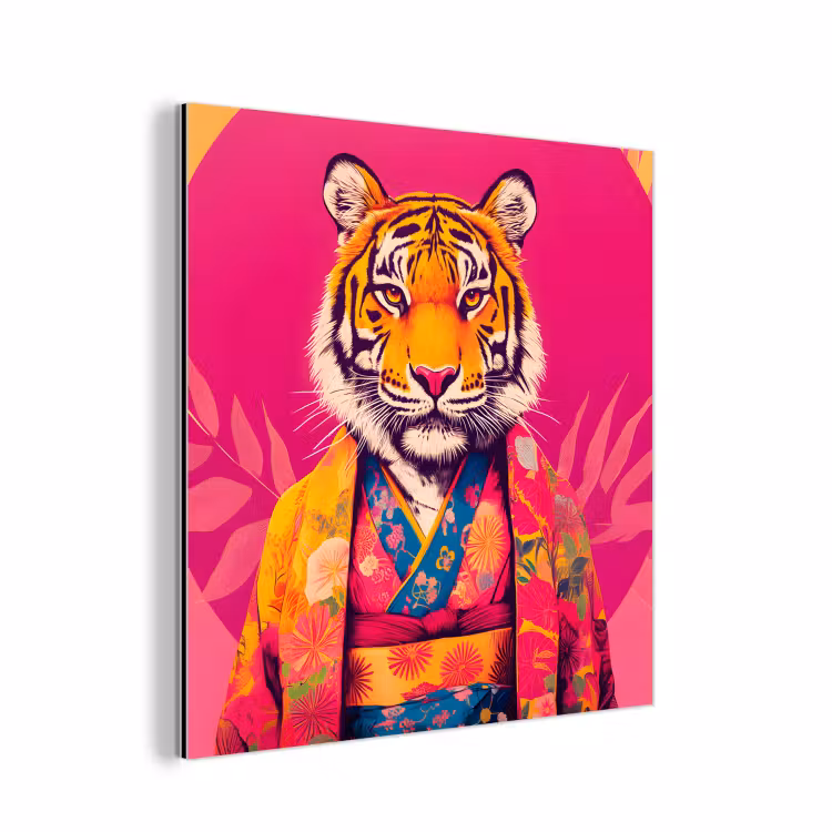 Aluminium schilderij - Tijger - Kimono - Planten - Roze — 1