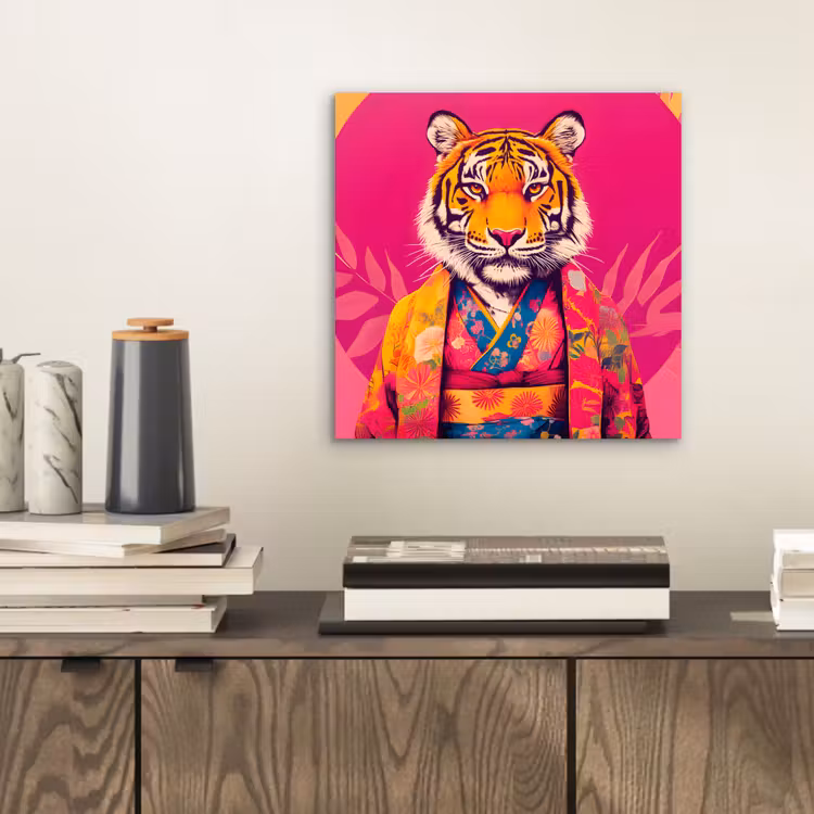 Aluminium schilderij - Tijger - Kimono - Planten - Roze — 2