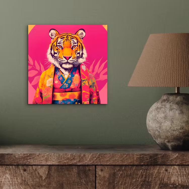 Aluminium schilderij - Tijger - Kimono - Planten - Roze — 3