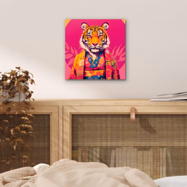 Aluminium schilderij - Tijger - Kimono - Planten - Roze — 4