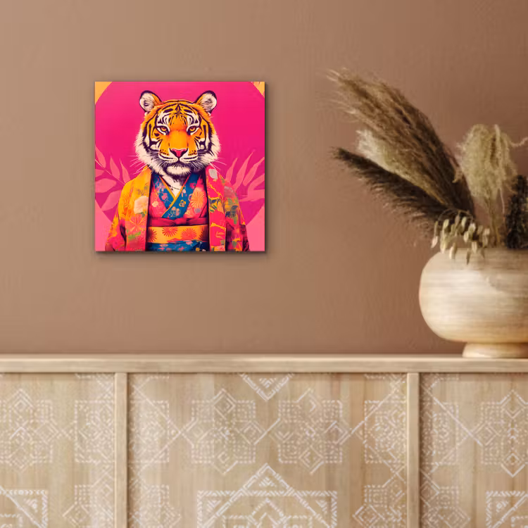 Aluminium schilderij - Tijger - Kimono - Planten - Roze — 5