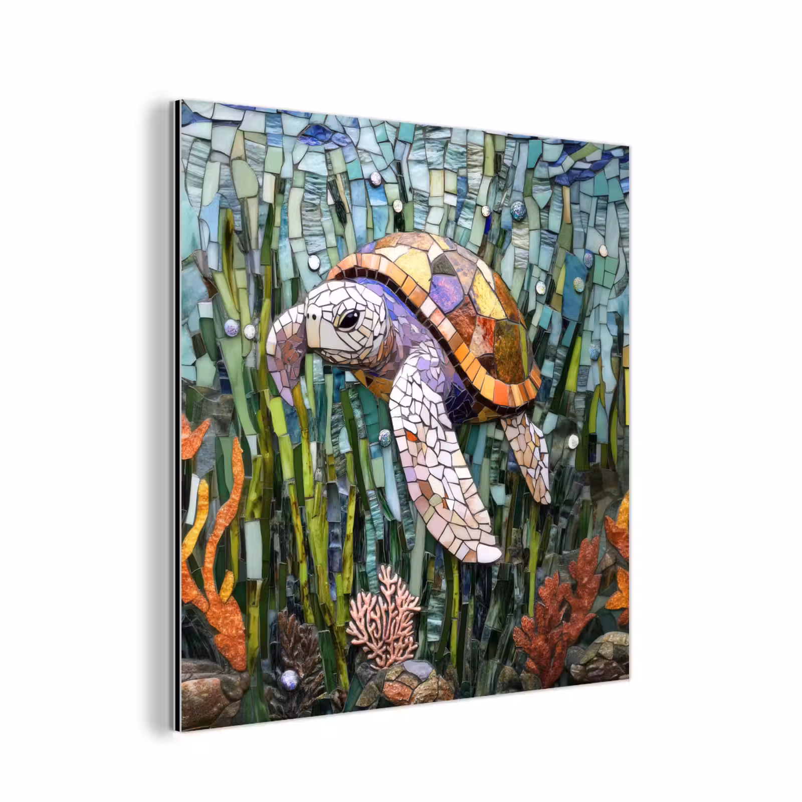 Aluminium schilderij - Schildpad - Zeewier - Mozaïek — 1