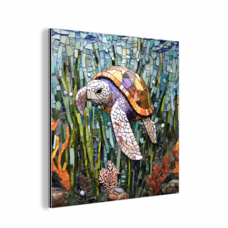 Aluminium schilderij - Schildpad - Zeewier - Mozaïek — 1