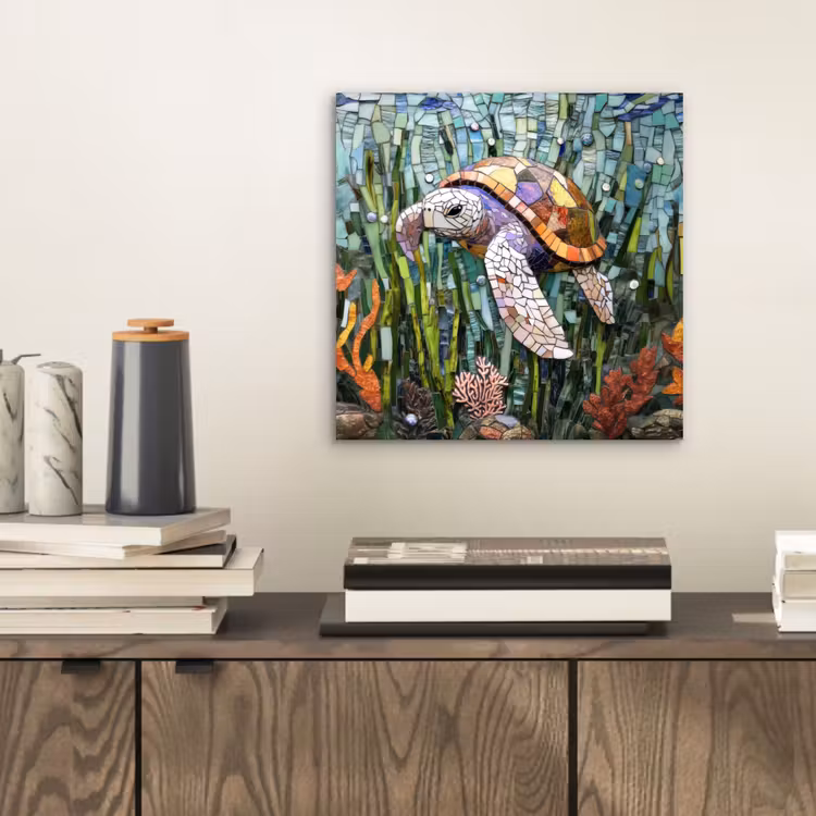Aluminium schilderij - Schildpad - Zeewier - Mozaïek — 2