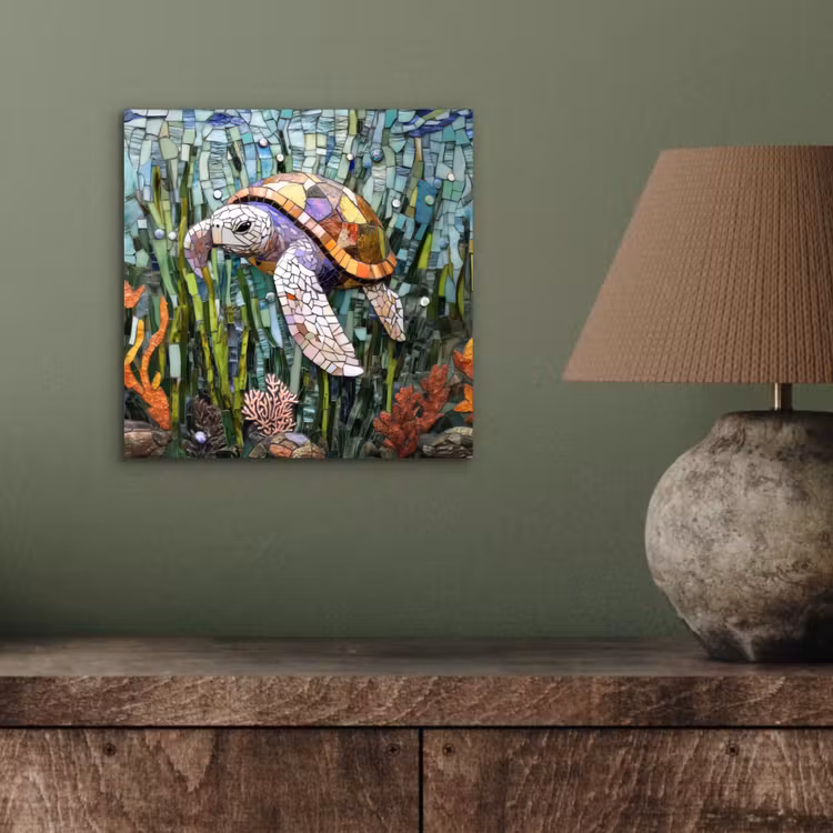Aluminium schilderij - Schildpad - Zeewier - Mozaïek — 3