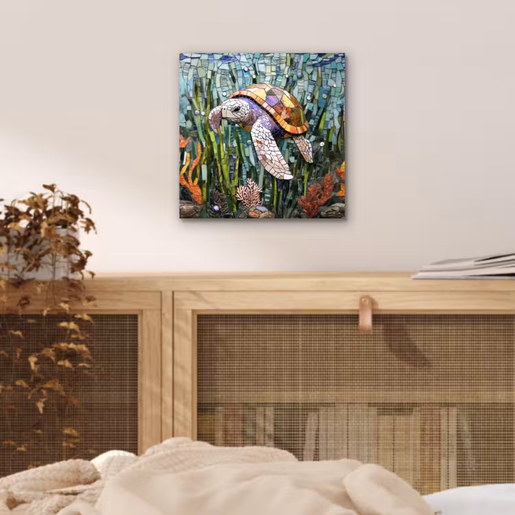 Aluminium schilderij - Schildpad - Zeewier - Mozaïek — 4