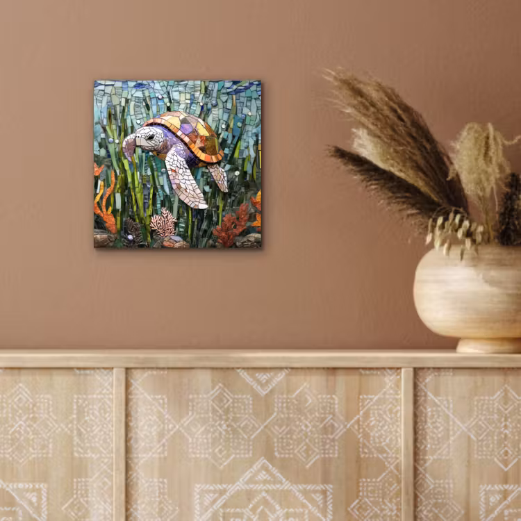 Aluminium schilderij - Schildpad - Zeewier - Mozaïek — 5