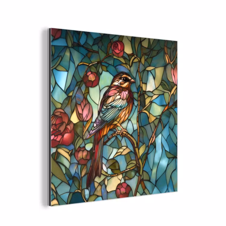 Aluminium schilderij - Vogel - Tak - Rozen - Mozaïek — 1
