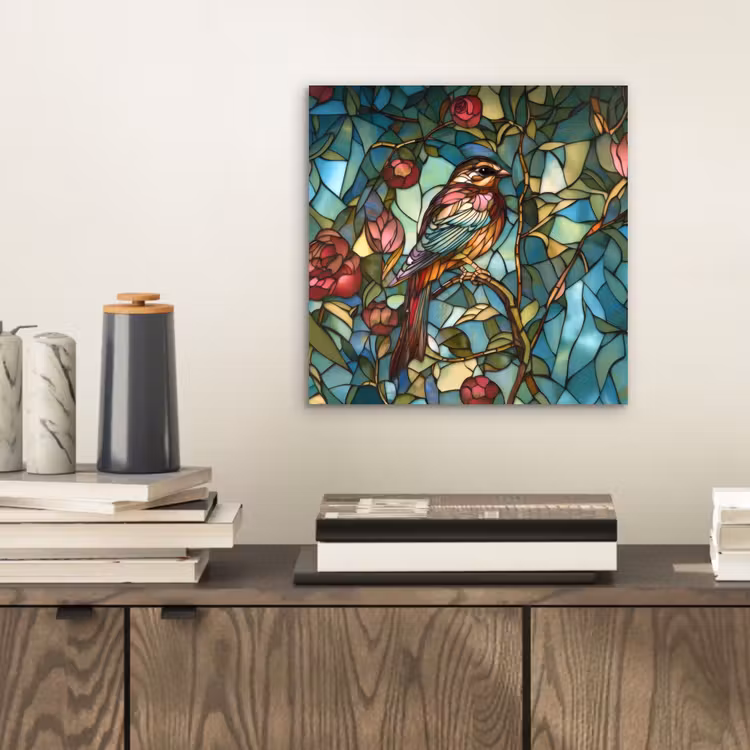 Aluminium schilderij - Vogel - Tak - Rozen - Mozaïek — 2