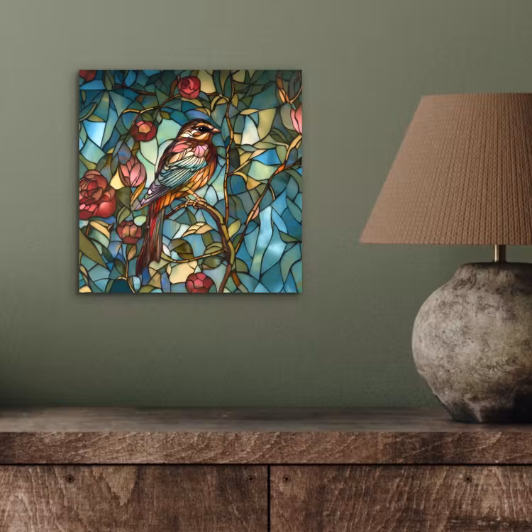 Aluminium schilderij - Vogel - Tak - Rozen - Mozaïek — 3