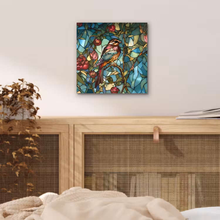 Aluminium schilderij - Vogel - Tak - Rozen - Mozaïek — 4