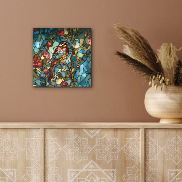 Aluminium schilderij - Vogel - Tak - Rozen - Mozaïek — 5