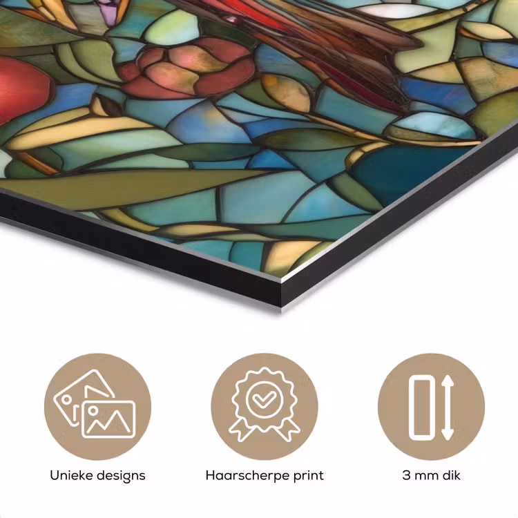 Aluminium schilderij - Vogel - Tak - Rozen - Mozaïek — 7