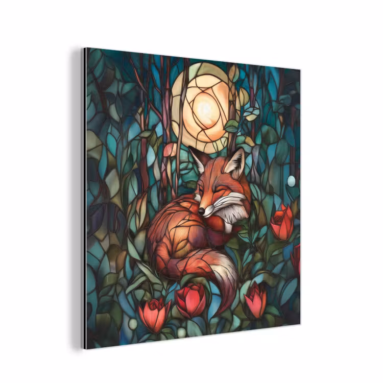 Aluminium schilderij - Vos - Mozaïek - Bos - Maan — 1