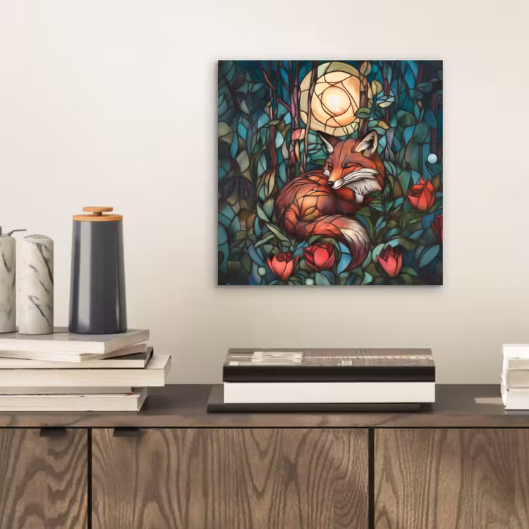 Aluminium schilderij - Vos - Mozaïek - Bos - Maan — 2