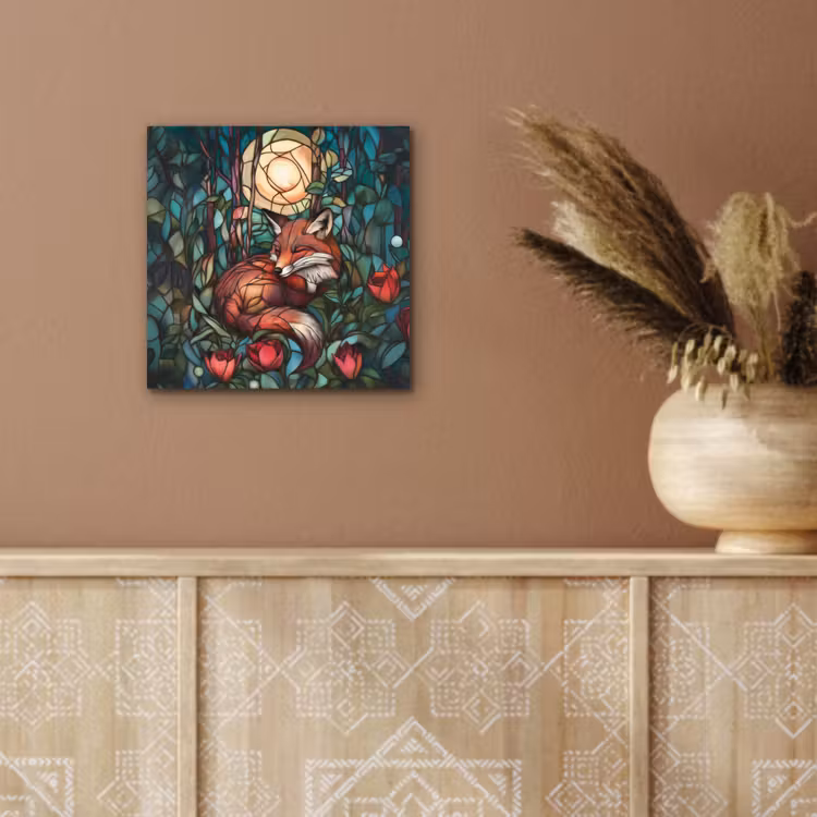 Aluminium schilderij - Vos - Mozaïek - Bos - Maan — 5