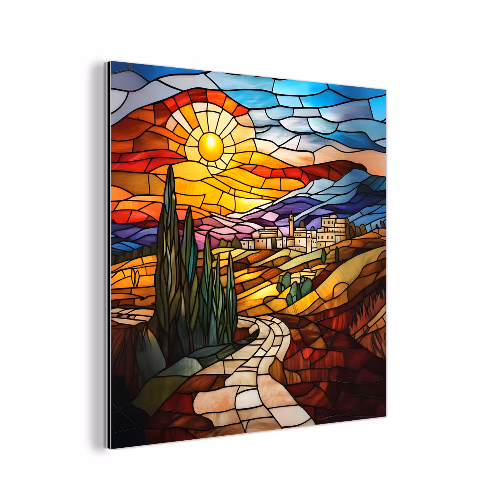 Aluminium schilderij - Mozaïek - Zon - Landschap - Dorp — 1