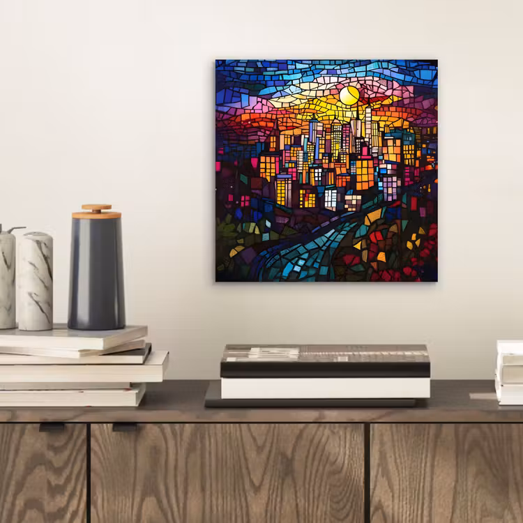 Aluminium schilderij - Stad - Maan - Mozaïek - Kleurrijk — 2