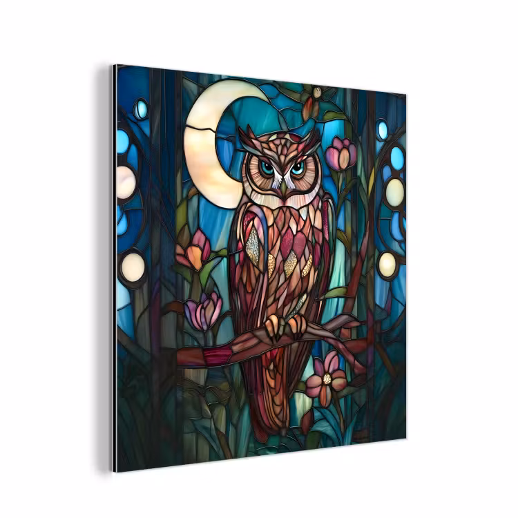 Aluminium schilderij - Uil - Mozaïek - Maan - Nacht — 1