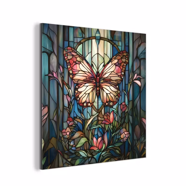 Aluminium schilderij - Vlinder - Roze - Bloemen - Bladeren — 1