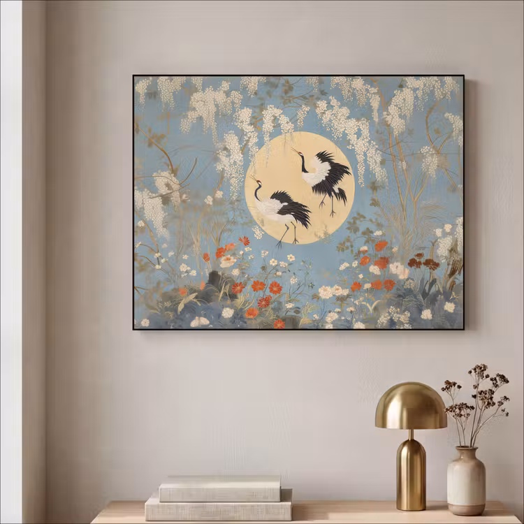 Art Frame - Kraanvogels - Maan - Bloemen - Blauw — 3