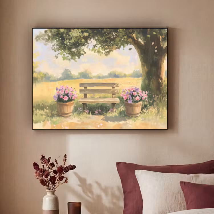 Art Frame - Houten bankje - Bloempotten - Landschap — 2