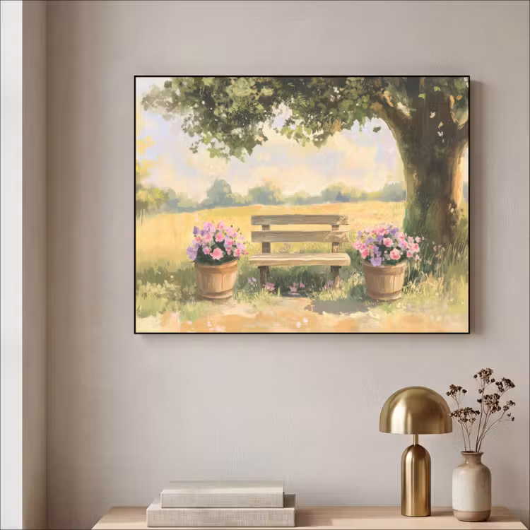 Art Frame - Houten bankje - Bloempotten - Landschap — 3