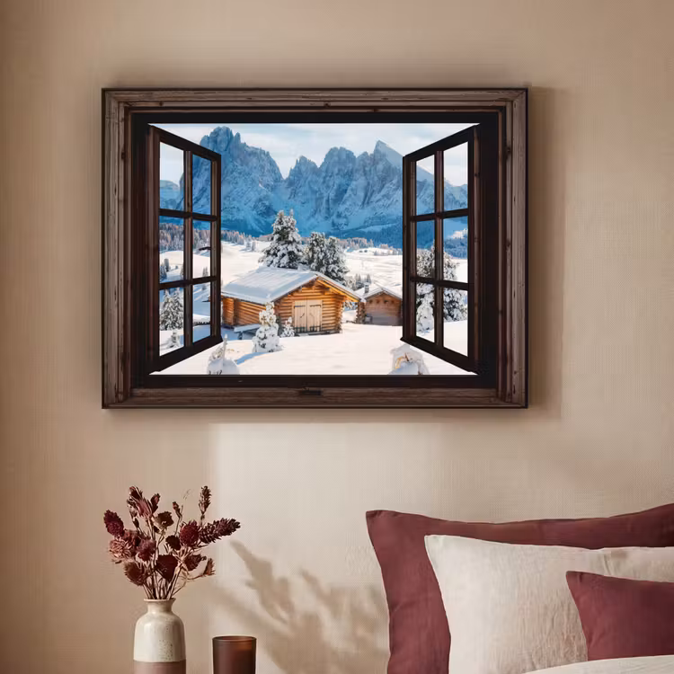 Art Frame - Doorkijk - Winter - Landschap - Huisje - Bergen — 2