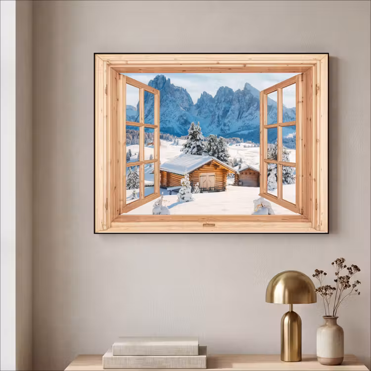 Art Frame - Doorkijk - Winterlandschap - Huisje - Bergen - Uitzicht — 3