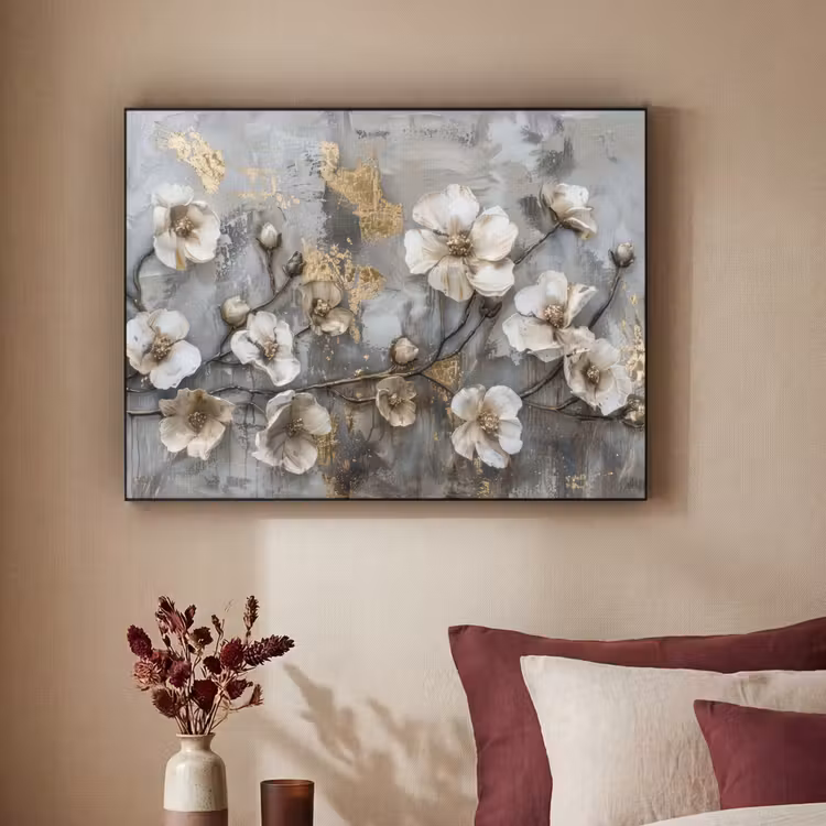 Art Frame - Bloemen - Wit - Grijs - Goud - Luxe — 2