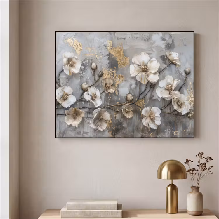 Art Frame - Bloemen - Wit - Grijs - Goud - Luxe — 3