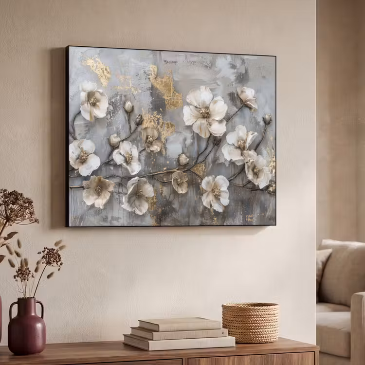 Art Frame - Bloemen - Wit - Grijs - Goud - Luxe — 4