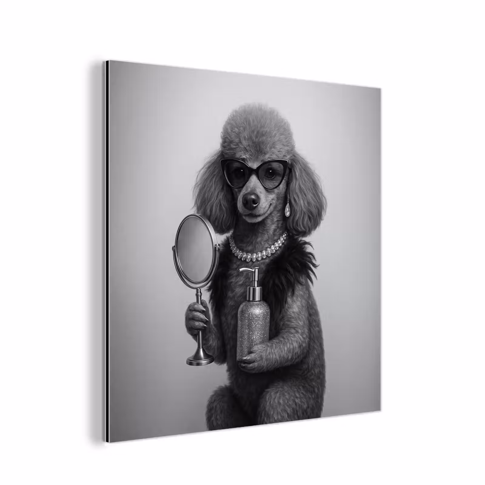 Aluminium schilderij - Poedel - Spiegel - Zwart - Wit — 1