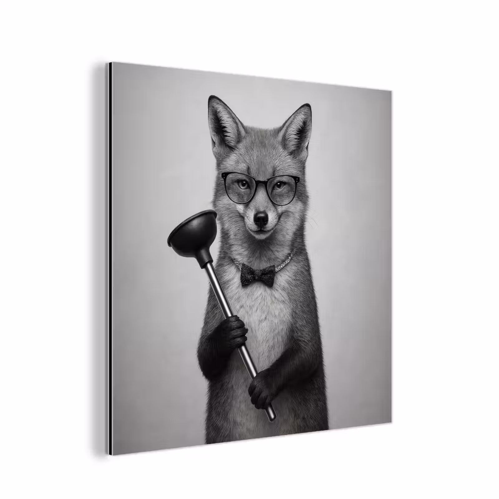 Aluminium schilderij - Vos - WC-ontstopper - Zwart - Wit — 1