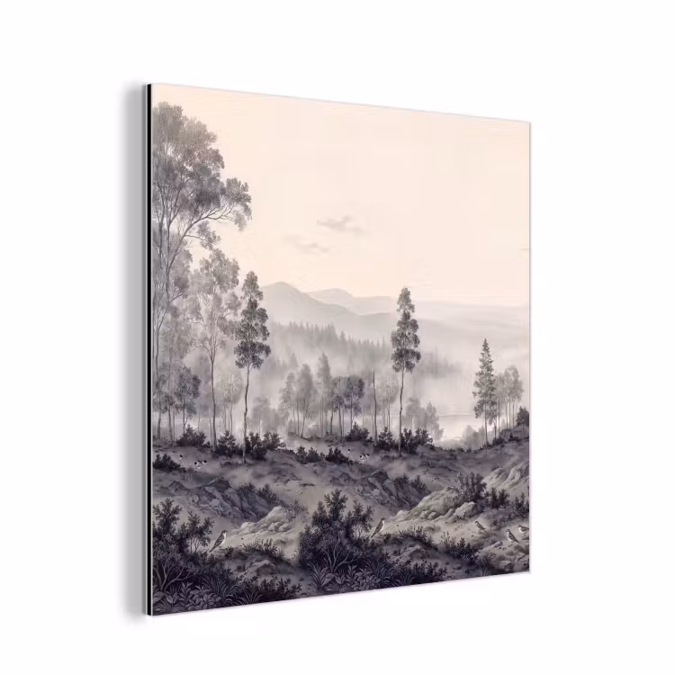 Aluminium schilderij - Mistig - Berglandschap - Illustratie — 1